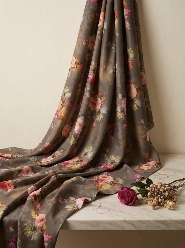 Brown Vintage Rose Bouquet Print Kora Silk Digital Printed Fabric - Fabric Editorial Studio Flatlay Lookbook - KS-0-TA7309P1-110
