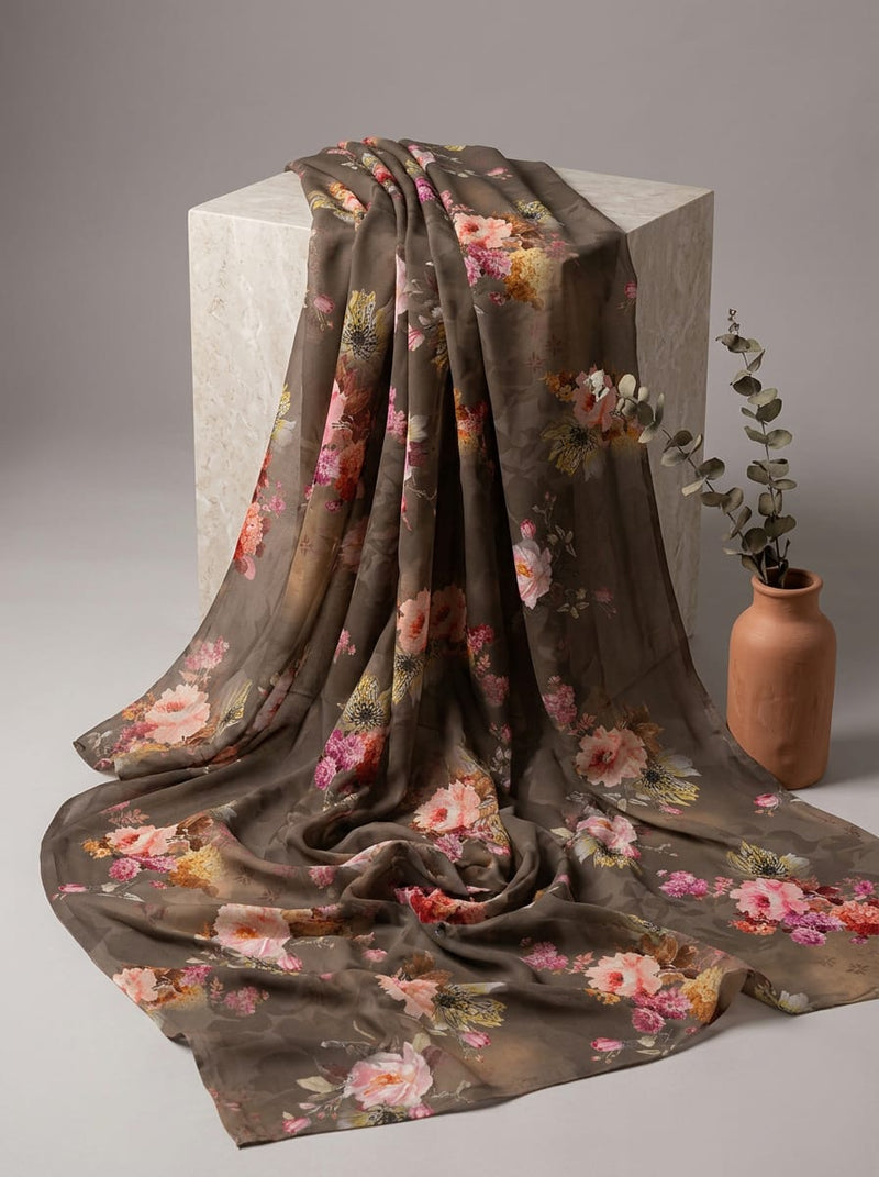 Brown Painterly Floral Bouquet Pure Georgette Digital Printed Fabric