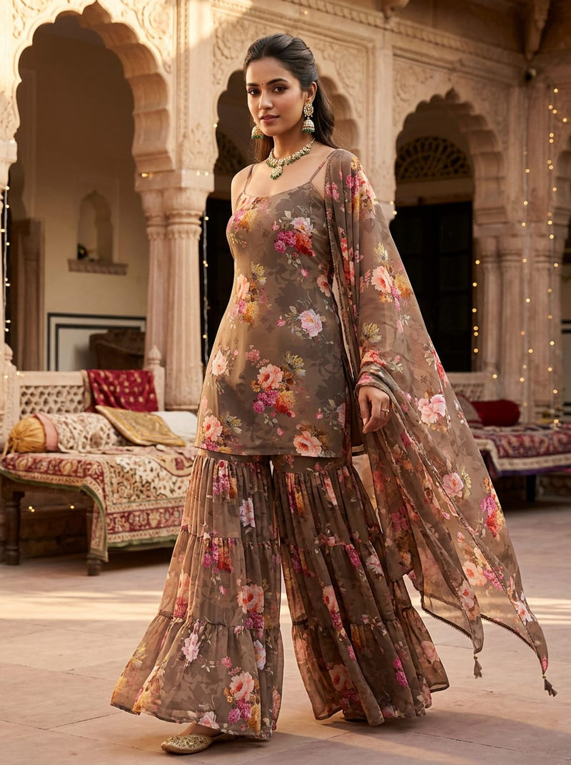 Brown Painterly Floral Bouquet Pure Georgette Digital Printed Fabric
