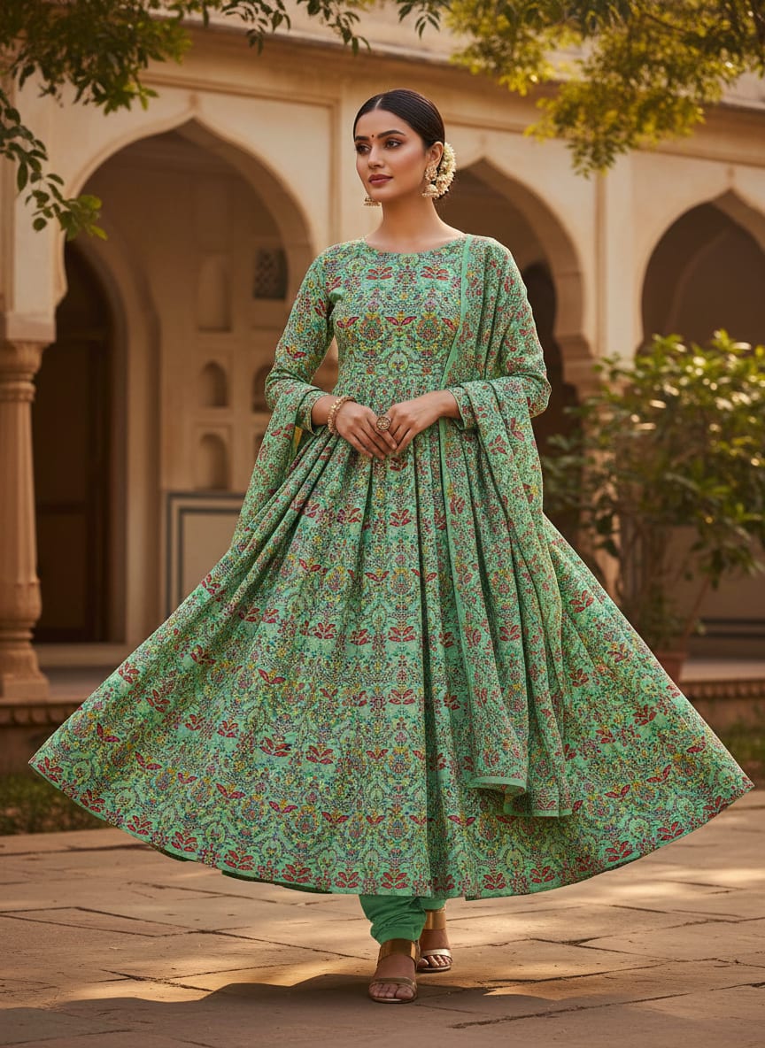 Green Jaipur Style Floral Buti Silk Crepe Digital Printed Fabric
