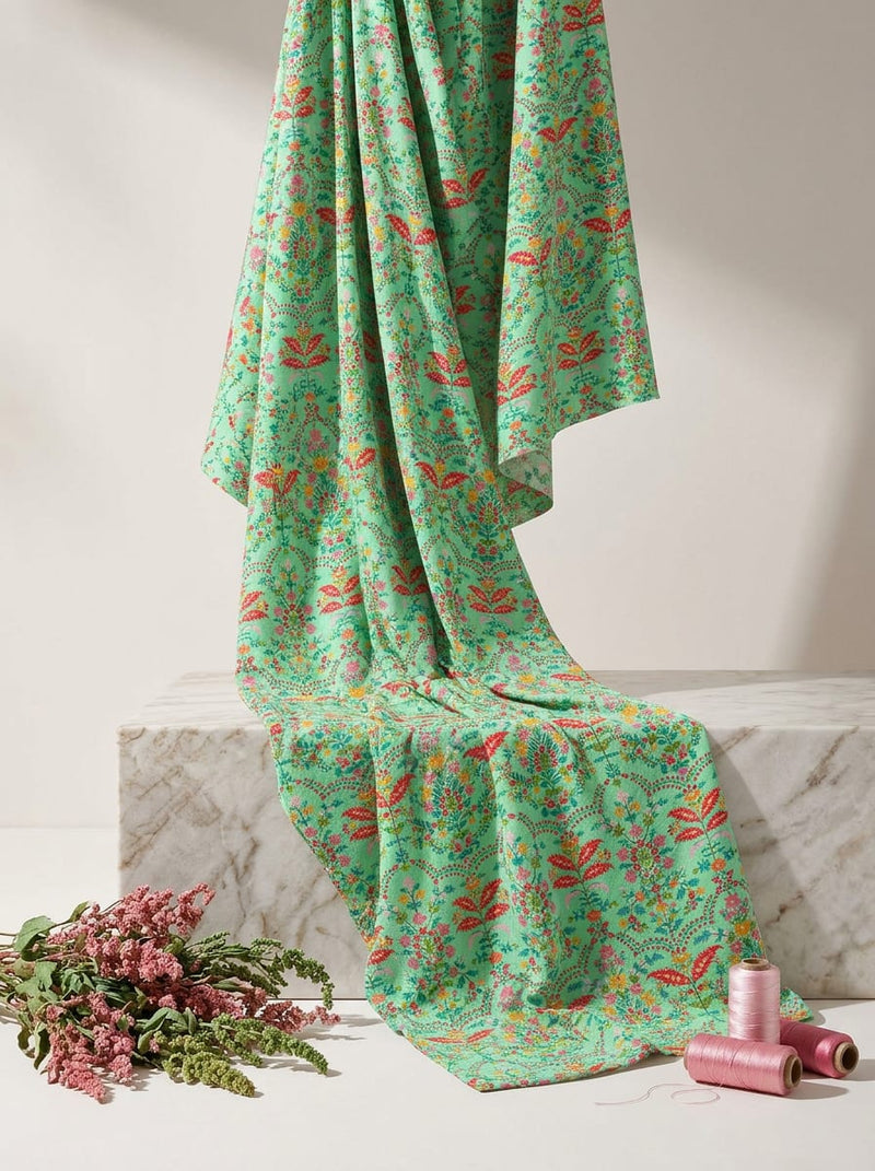 Green Jaipur Style Floral Buti Silk Crepe Digital Printed Fabric