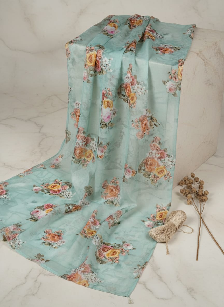 Beautiful Wite Orchid Flower Digital Printed Fabric - Kora Silk