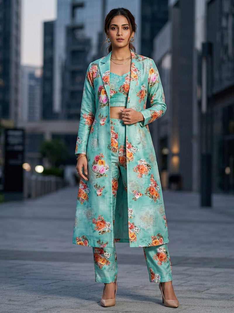 Teal Watercolor Rose Bouquets Kora Silk Digital Printed Fabric