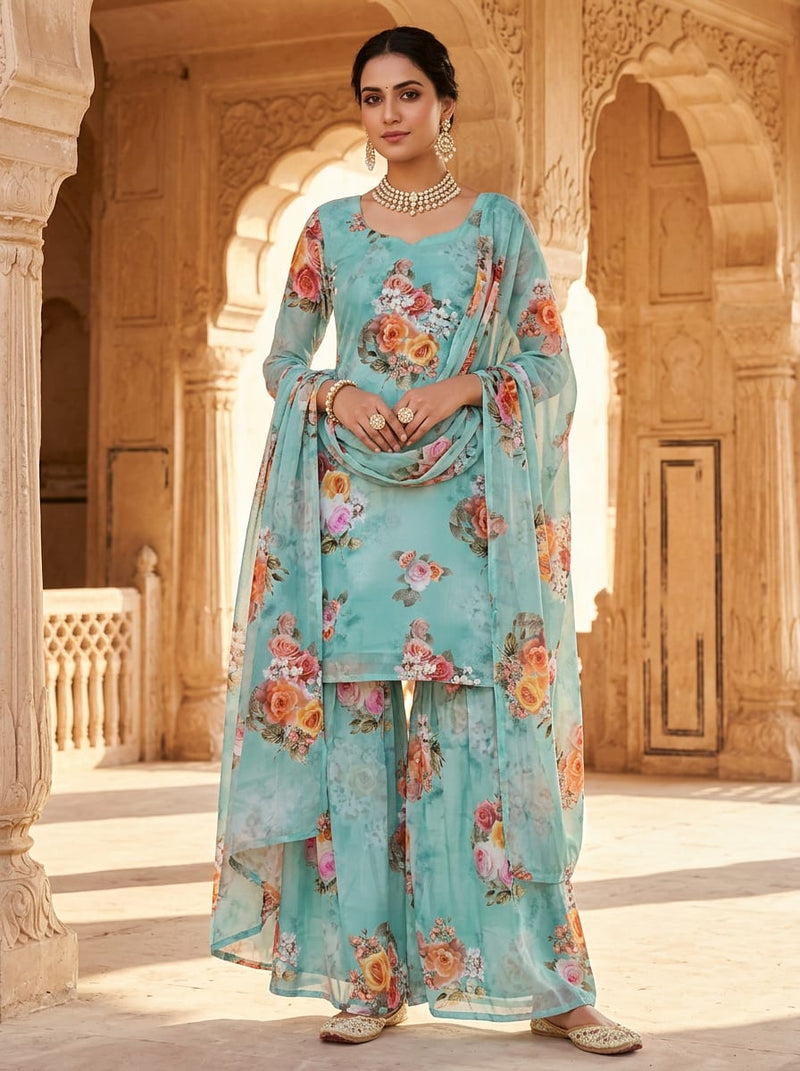 Teal Watercolor Rose Bouquets Weightless Digital Printed Fabric