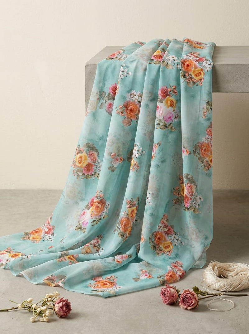 Teal Watercolor Rose Bouquets Weightless Digital Printed Fabric