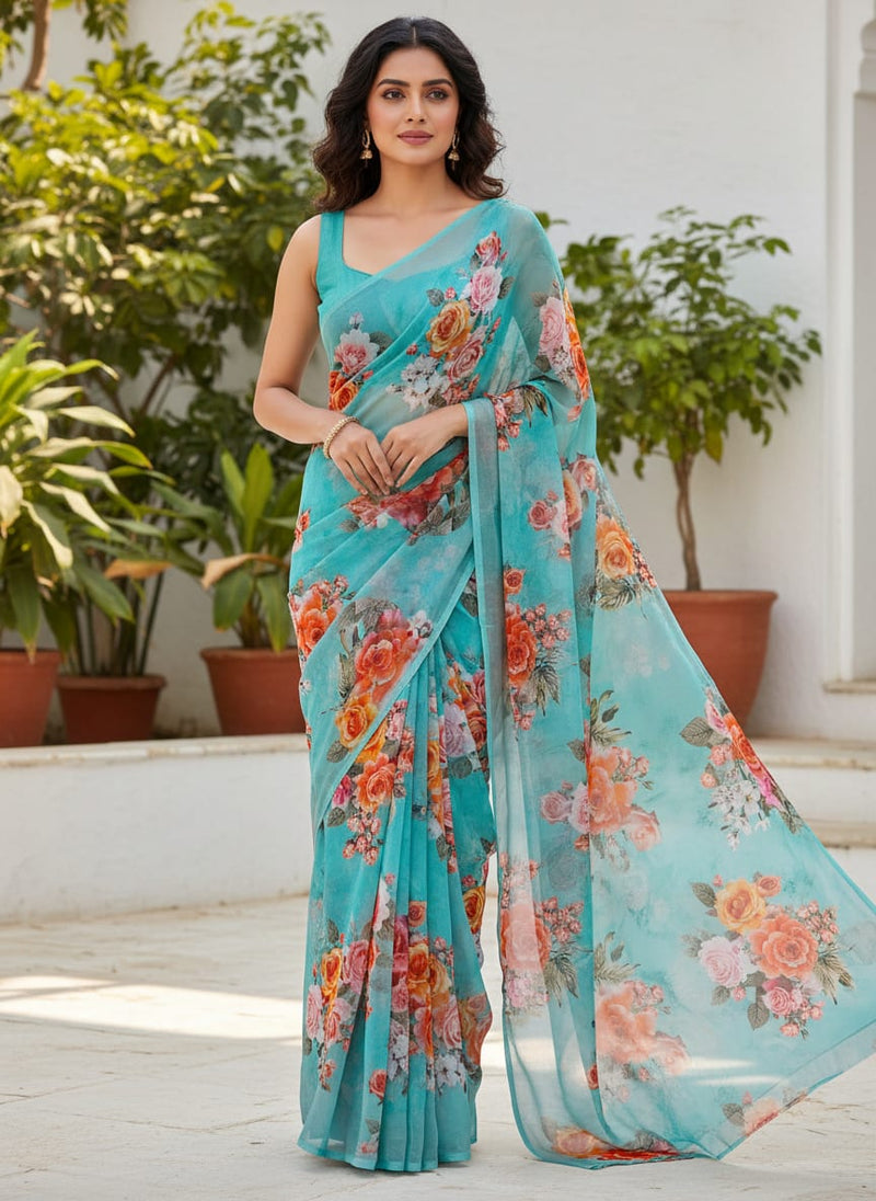 Beautiful Wite Orchid Flower Digital Printed Fabric - Pure Georgette
