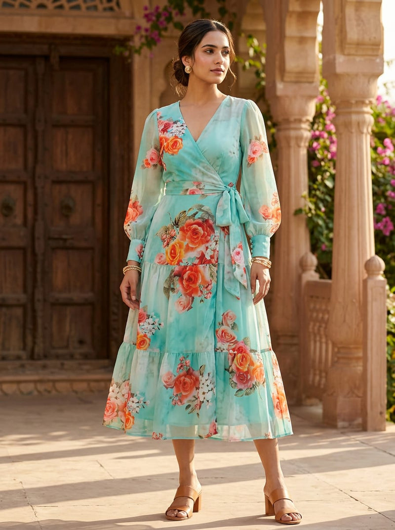 Teal Watercolor Rose Floral Pure Georgette Digital Printed Fabric