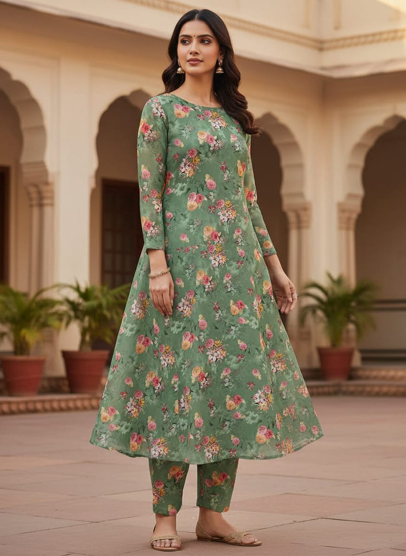 Lovely Chrysanthemum With Multi Flower Printed Fabric - Kora Silk