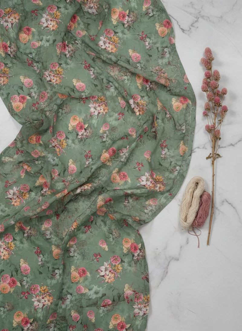 Lovely Chrysanthemum With Multi Flower Printed Fabric - Kora Silk