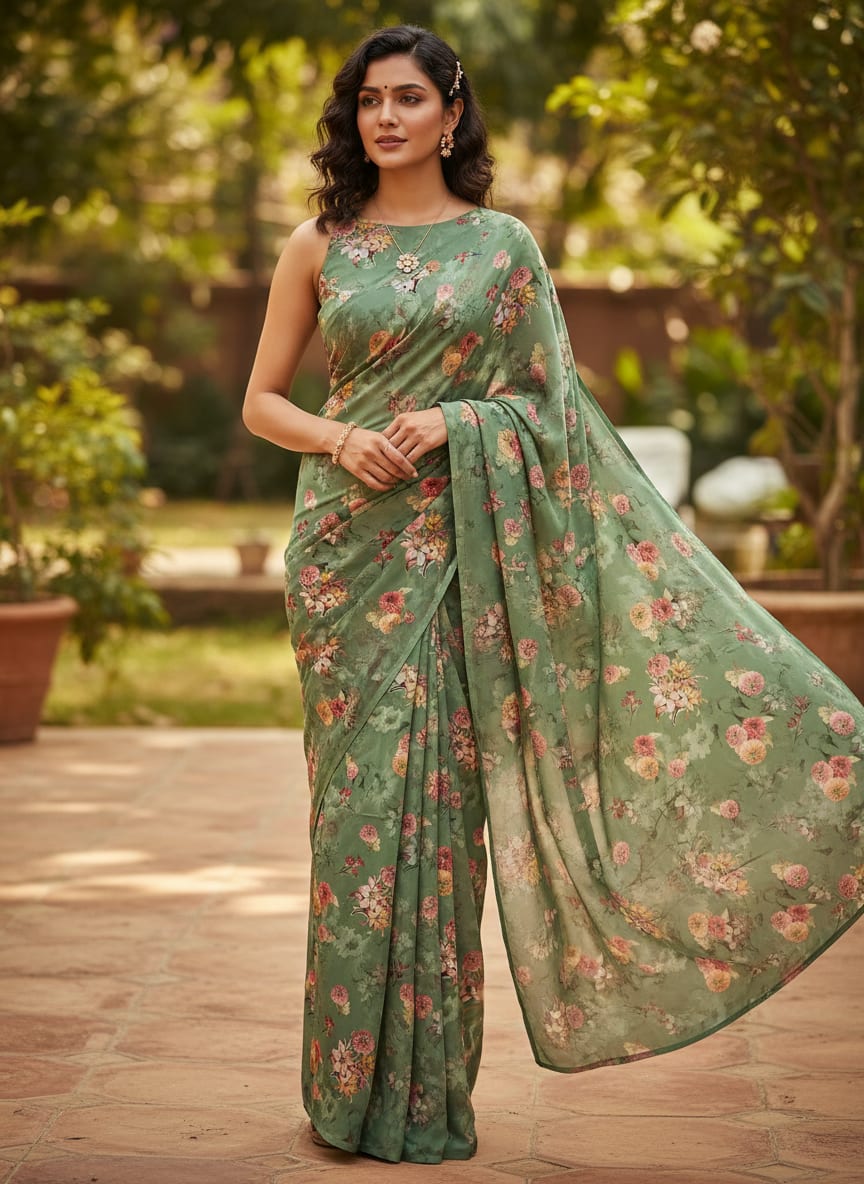 Lovely Chrysanthemum With Multi Flower Printed Fabric - Silk Crepe