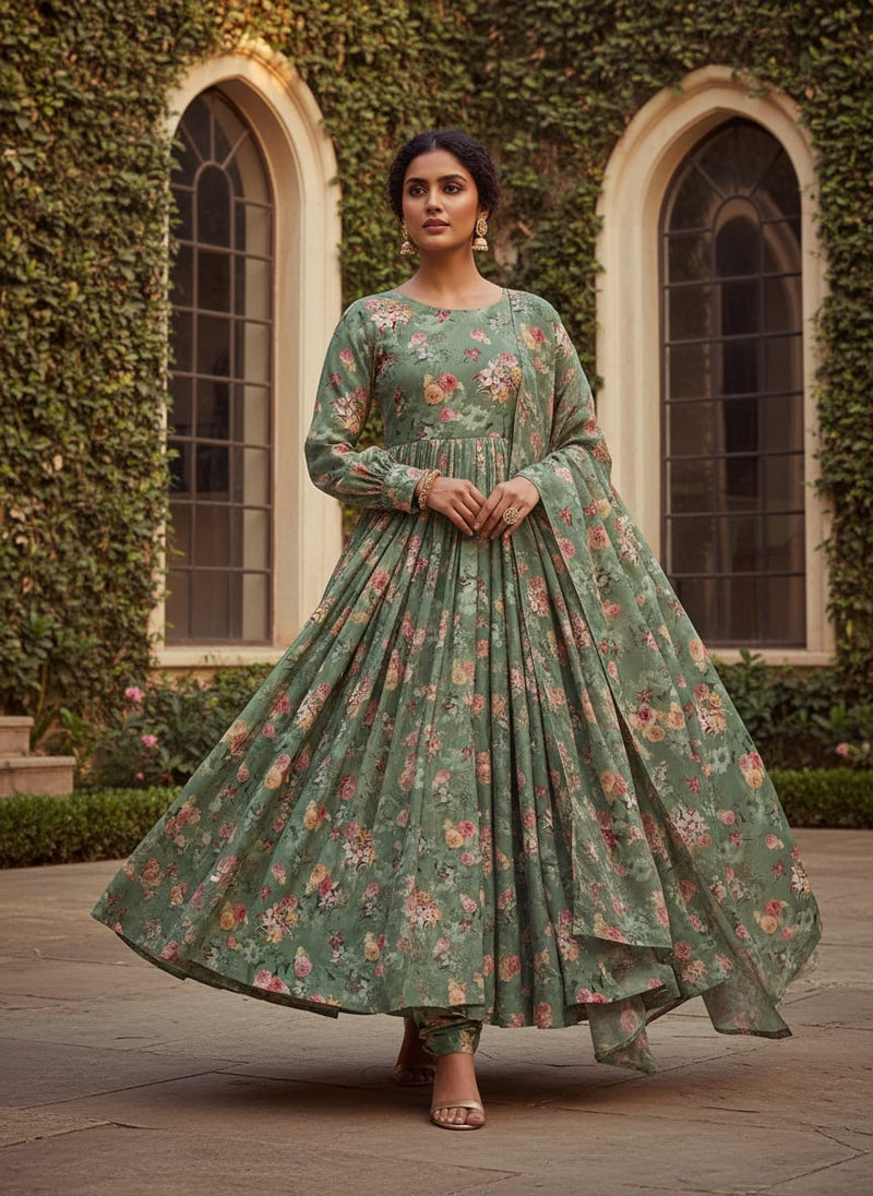 Lovely Chrysanthemum With Multi Flower Printed Fabric - Silk Crepe
