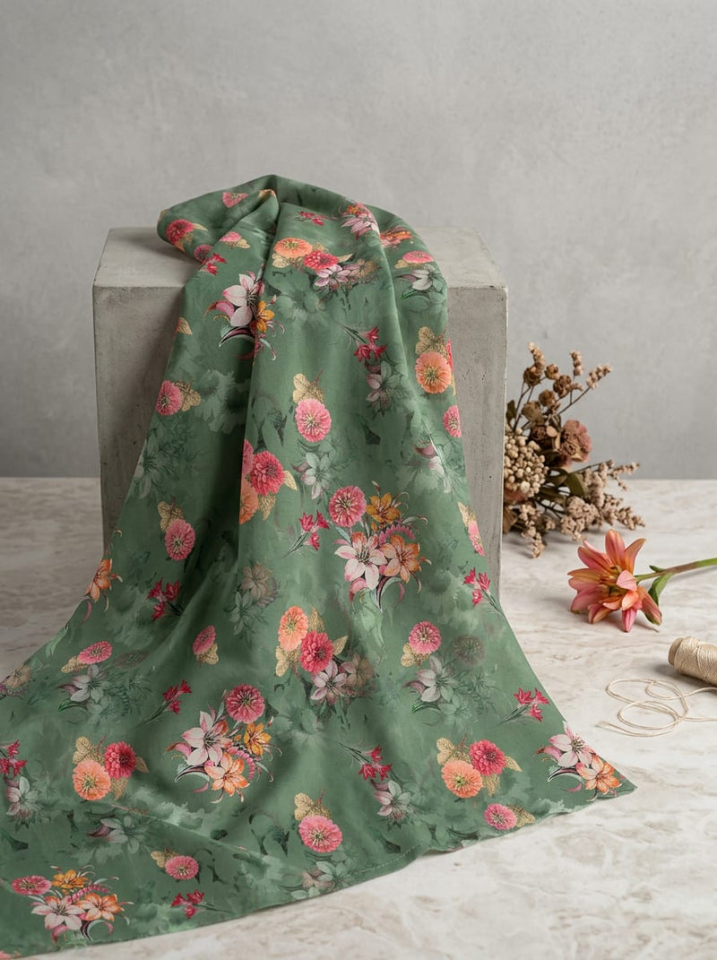 Green Scattered Floral Bouquets Pure Cotton Digital Printed Fabric