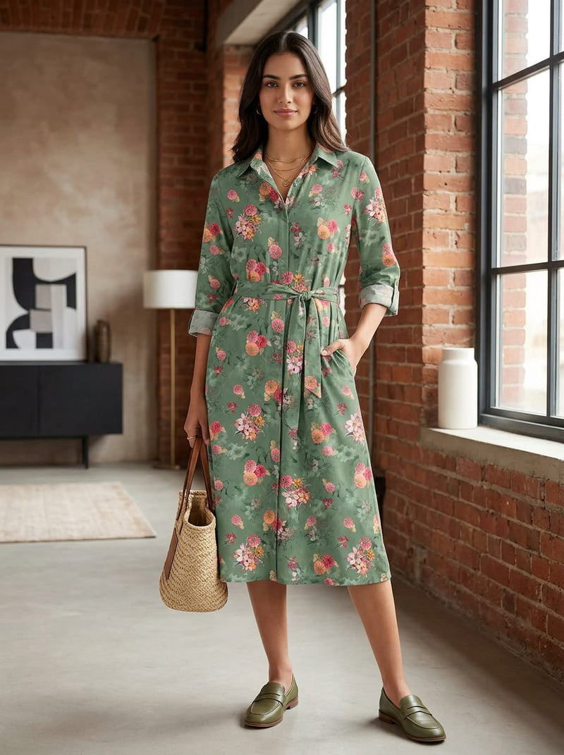 Green Scattered Floral Bouquets Pure Cotton Digital Printed Fabric