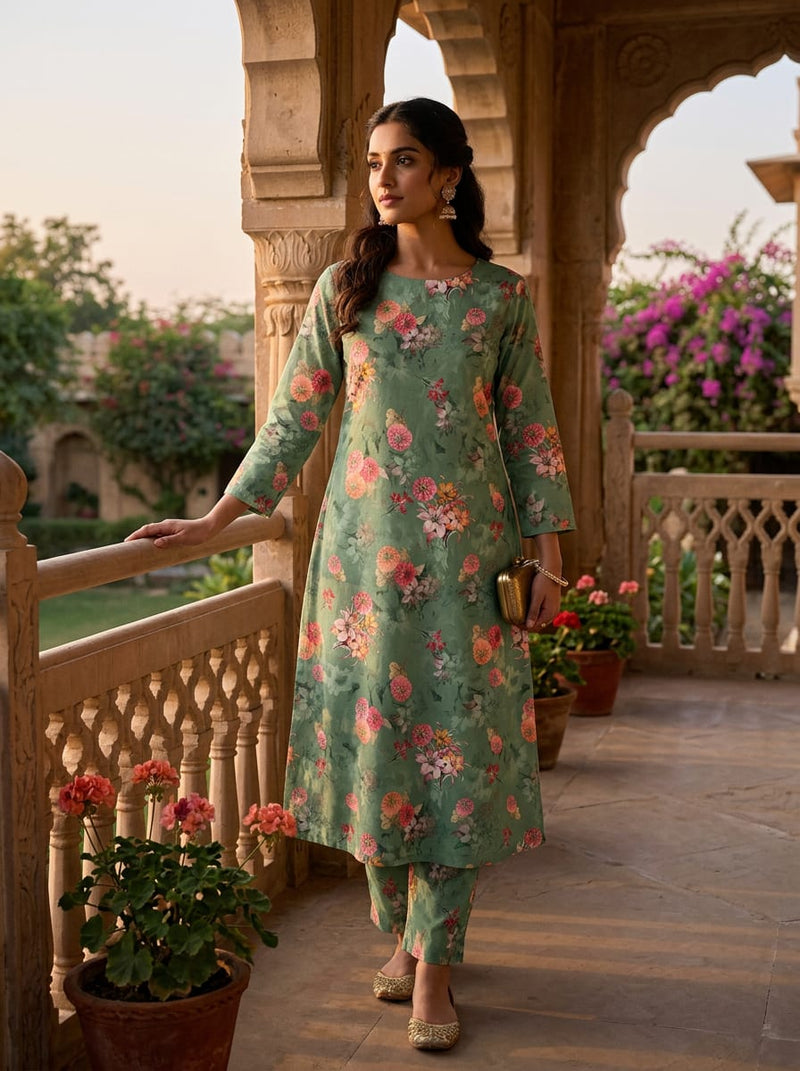 Green Scattered Floral Bouquets Pure Cotton Digital Printed Fabric