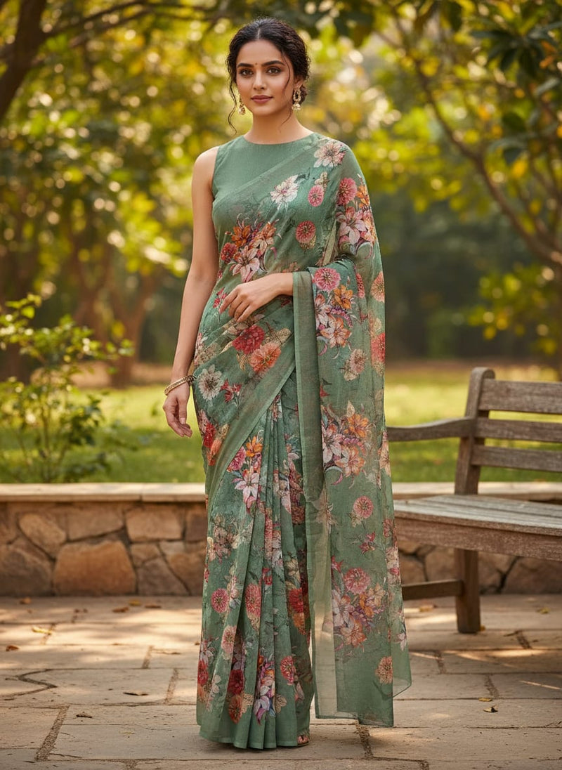 Lovely Chrysanthemum With Multi Flower Printed Fabric - Pure Georgette