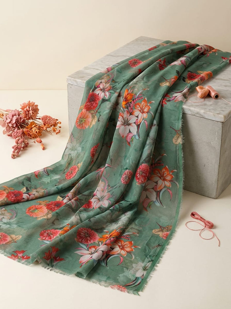 Green Painterly Floral Bouquet Pure Georgette Digital Printed Fabric