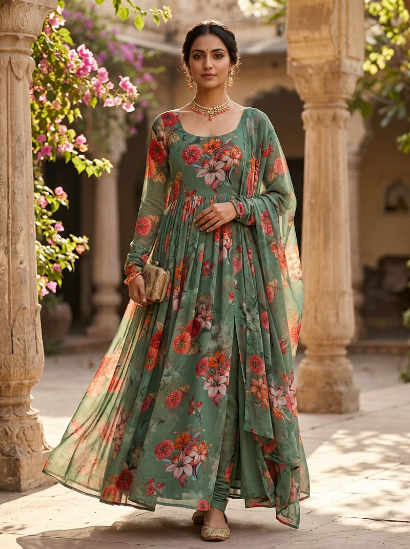 Green Painterly Floral Bouquet Pure Georgette Digital Printed Fabric