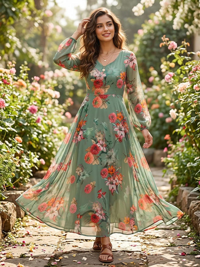 Green Painterly Floral Bouquet Pure Georgette Digital Printed Fabric