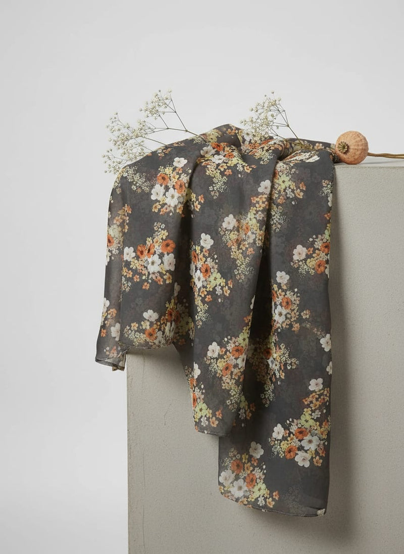 Multicolour Orchid Flower With Grey Background Digital Printed Fabric - Kora Silk