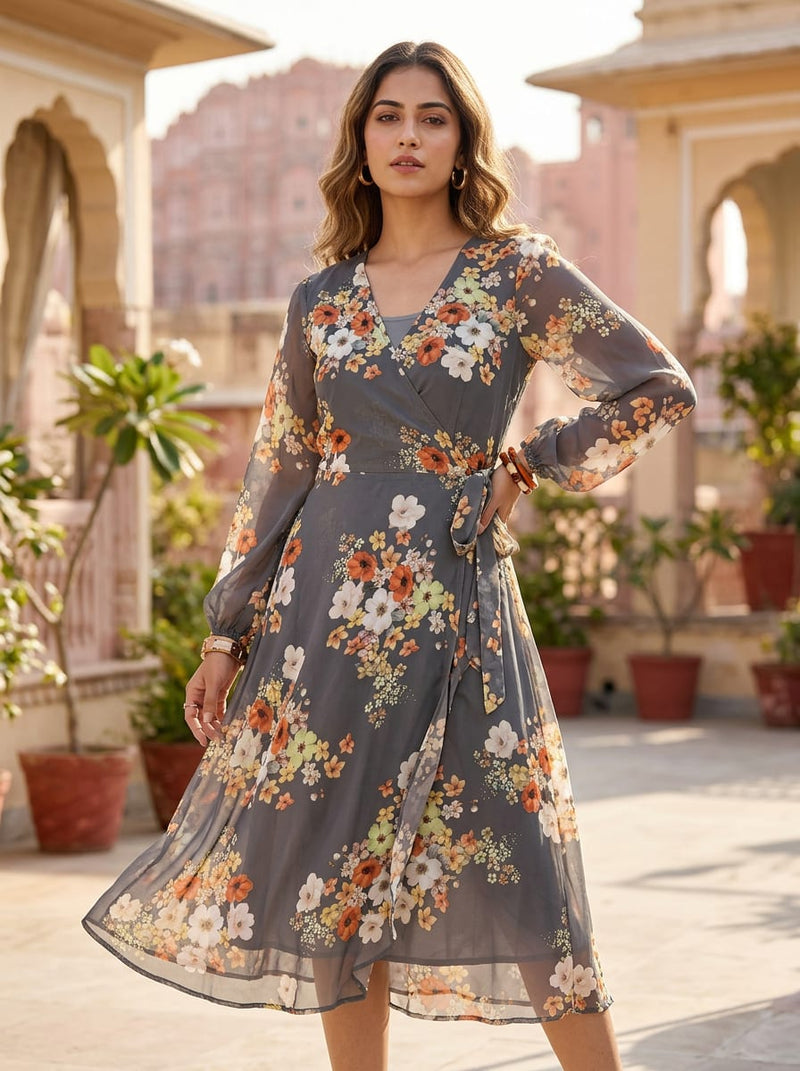 Grey Ditsy Floral Bouquets Weightless Digital Printed Fabric