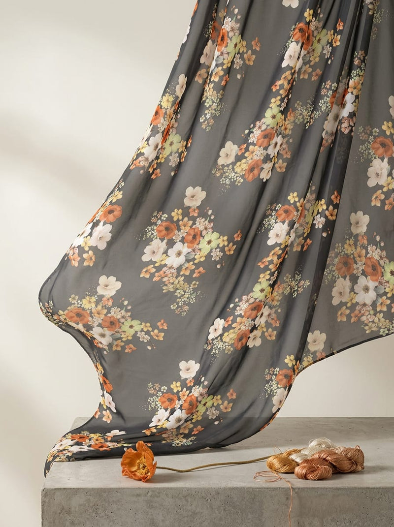 Grey Ditsy Floral Bouquets Weightless Digital Printed Fabric
