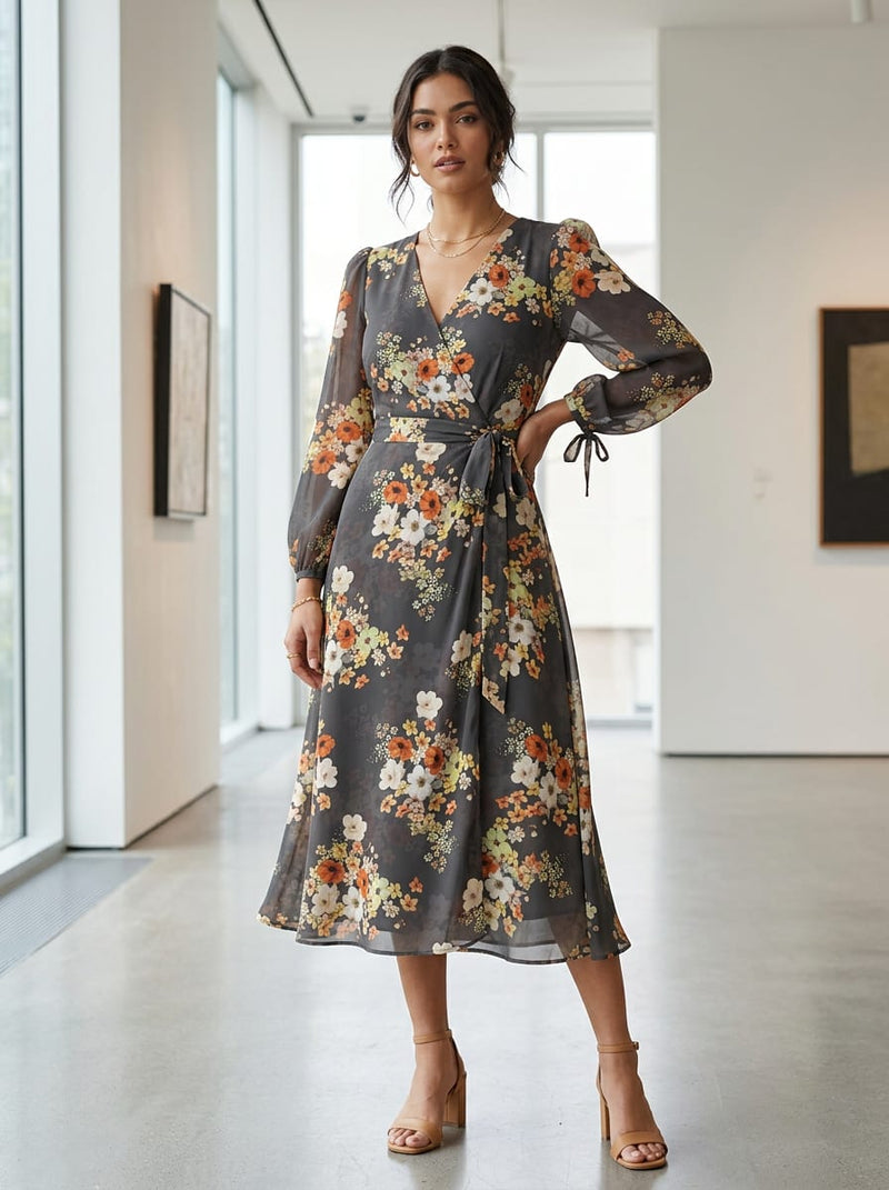 Grey Scattered Ditsy Floral Bouquets Silk Crepe Digital Printed Fabric