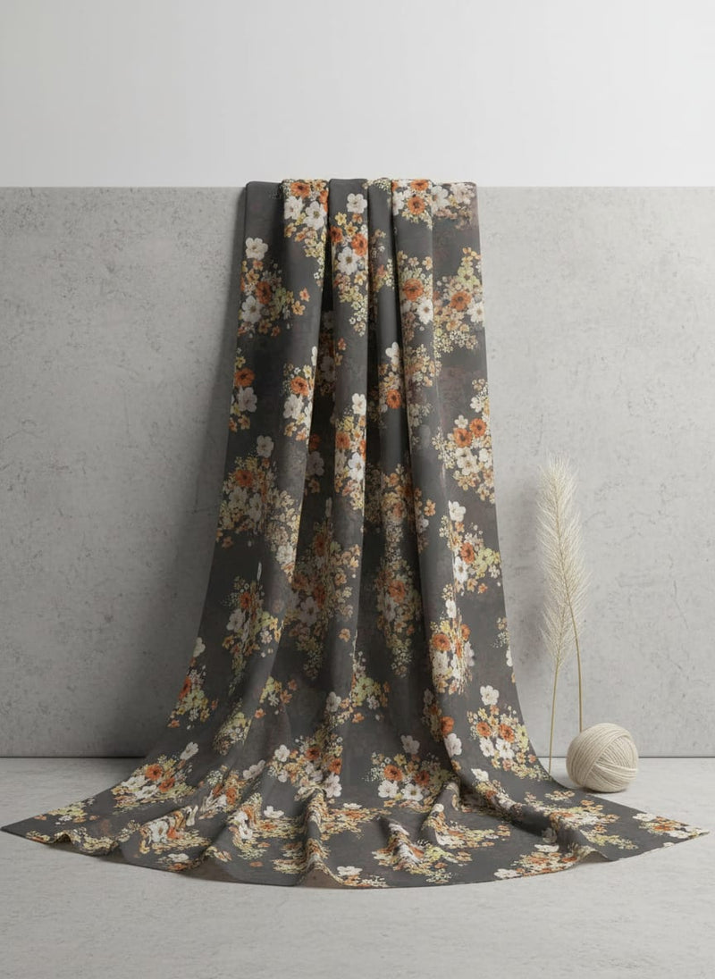 Multicolour Orchid Flower With Grey Background Digital Printed Fabric - Pure Cotton