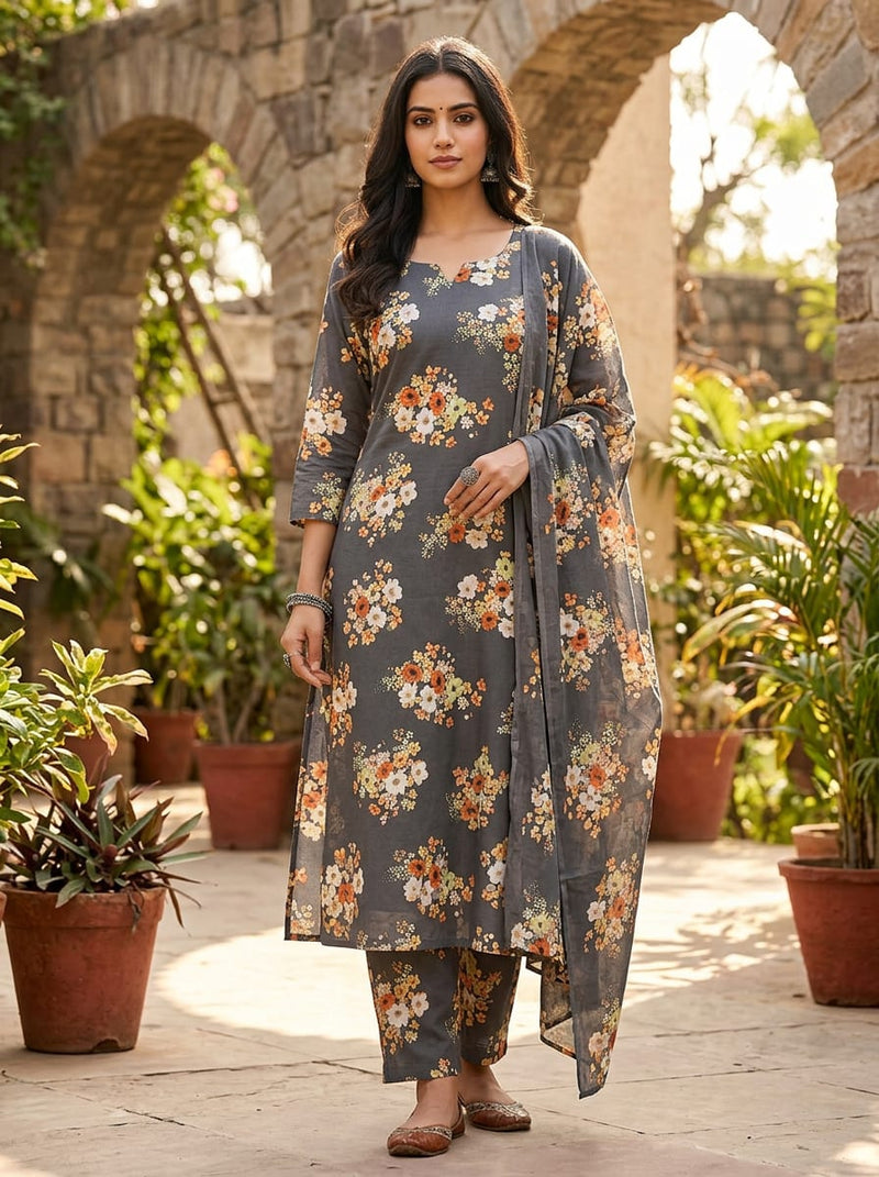 Grey Scattered Ditsy Floral Pure Cotton Digital Printed Fabric
