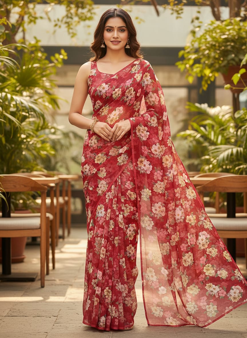 Red Garden Floral Kora Silk Digital Printed Fabric
