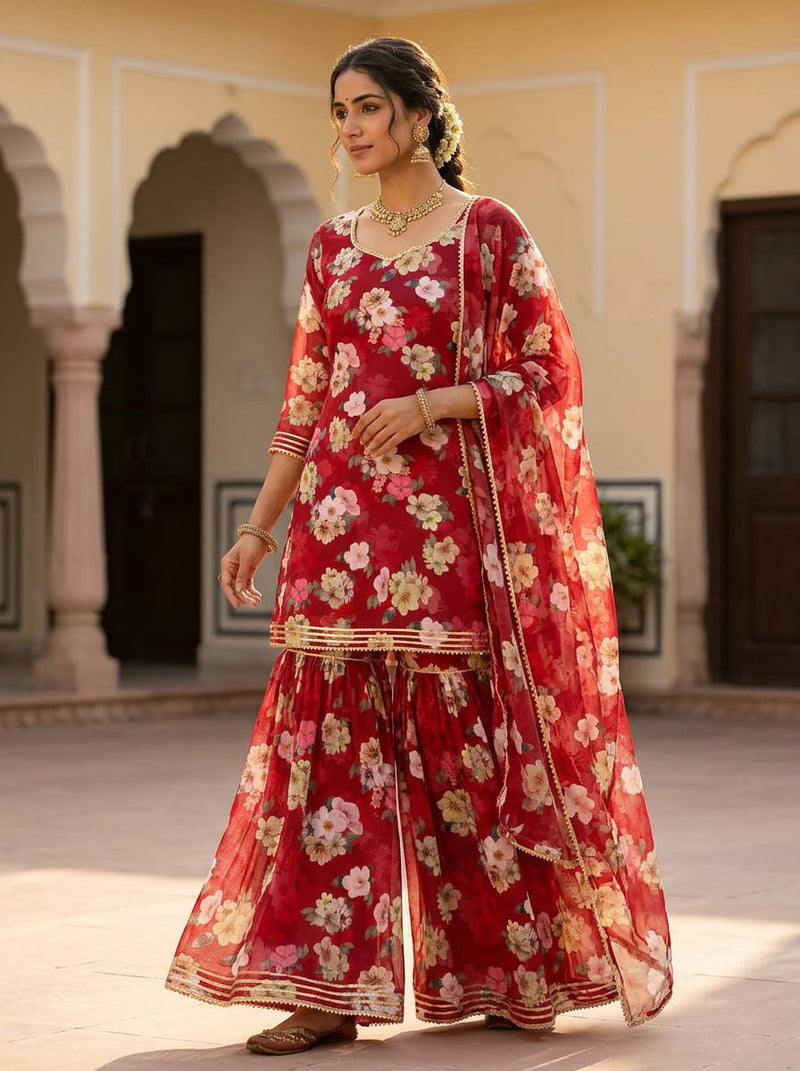 Red Scattered Floral Bouquets Weightless Digital Printed Fabric