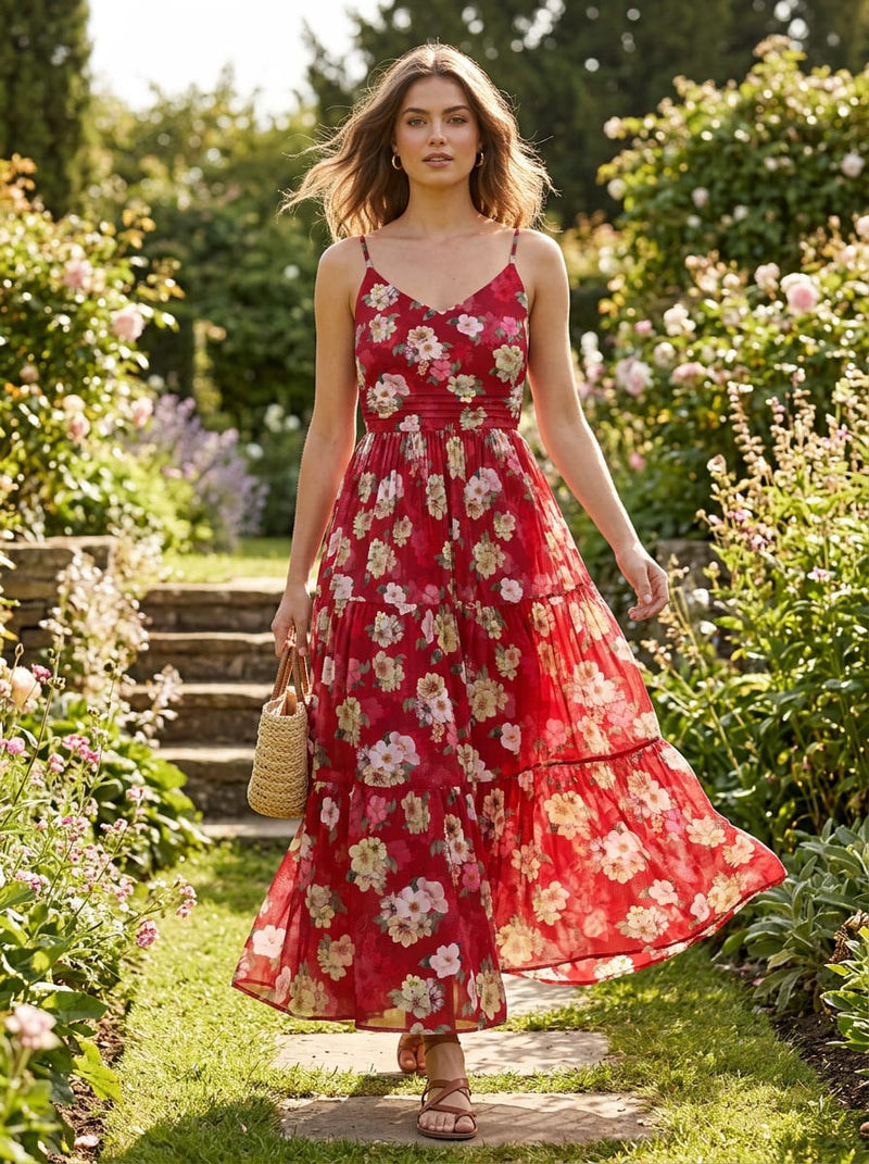 Red Scattered Floral Bouquets Weightless Digital Printed Fabric