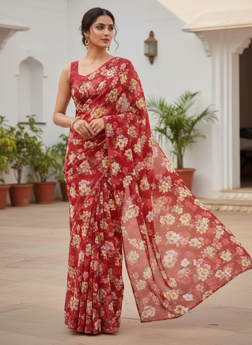 Big Narcissus Multi Colour Flower Digital Printed Fabric - Silk Crepe