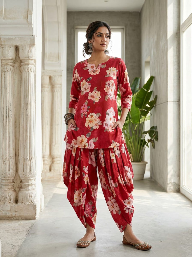 Red Sakura Blossom Floral Pure Cotton Digital Printed Fabric