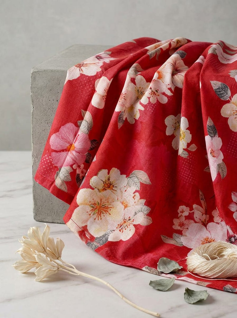 Red Sakura Blossom Floral Pure Cotton Digital Printed Fabric