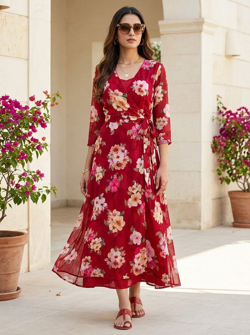Red Vibrant Garden Floral Pure Georgette Digital Printed Fabric