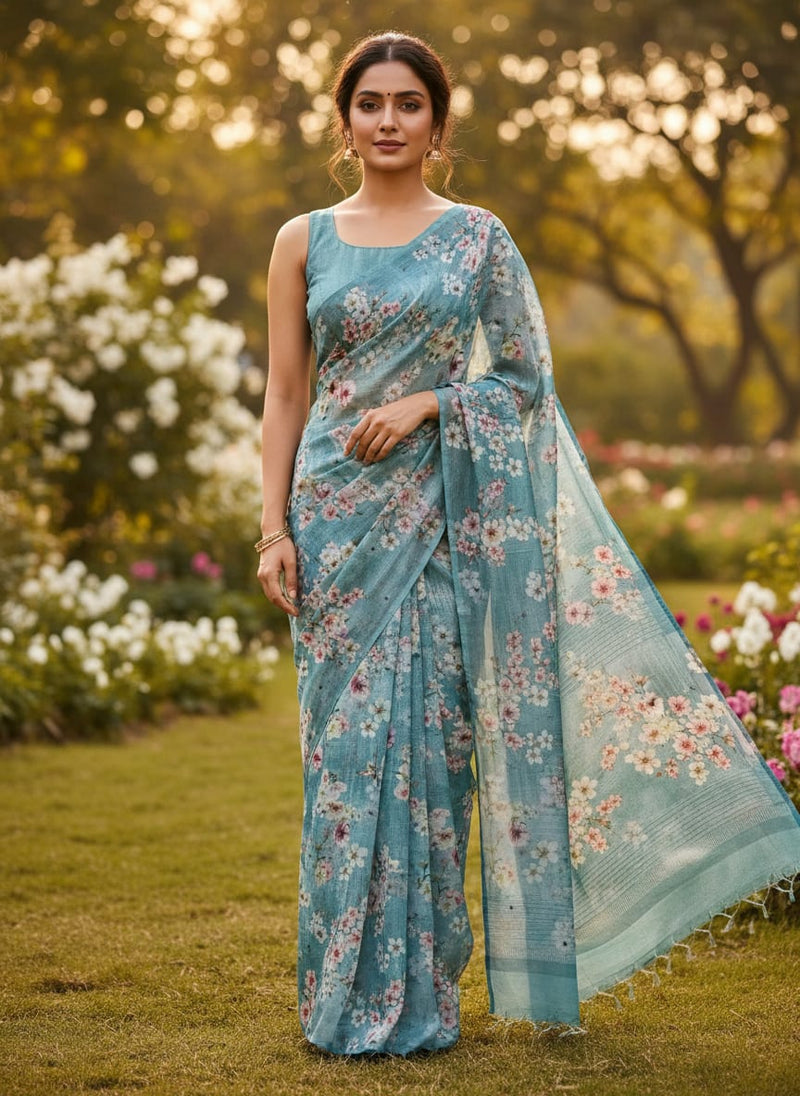 Periwinkle Floral Spring Flower Digital Printed Fabric - Kora Silk