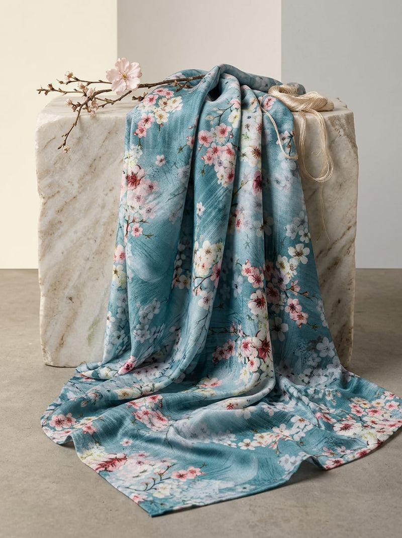 Teal Painterly Cherry Blossom Floral Kora Silk Digital Printed Fabric