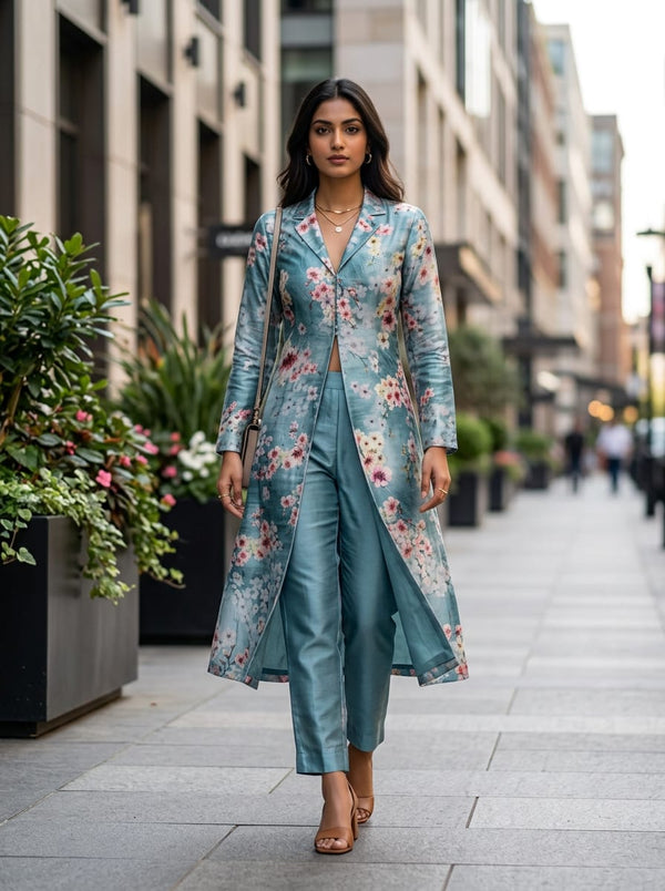 Teal Painterly Cherry Blossom Floral Kora Silk Digital Printed Fabric - Jacket Kurta with Straight Pants Lookbook - KS-0-TA07570P4-110 - alternate view