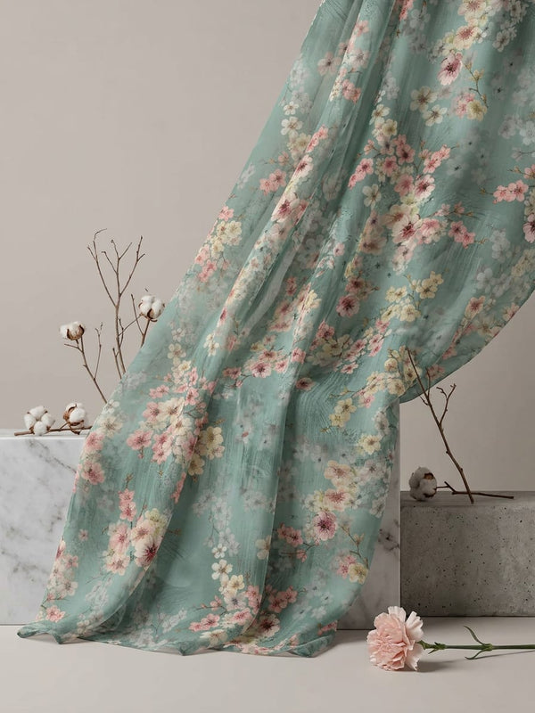 Teal Dainty Cherry Blossom Floral Weightless Digital Printed Fabric