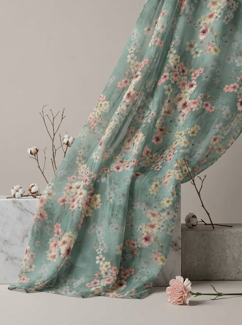 Teal Dainty Cherry Blossom Floral Weightless Digital Printed Fabric
