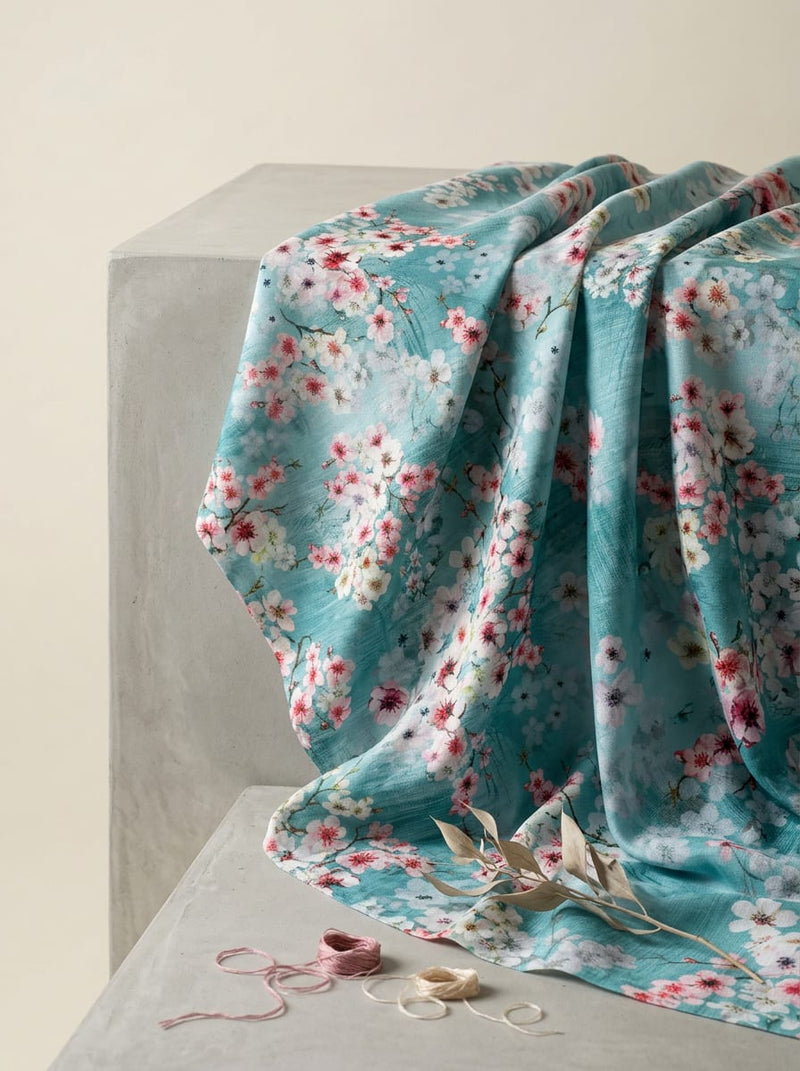 Teal Sakura Blossom Floral Muslin Digital Printed Fabric