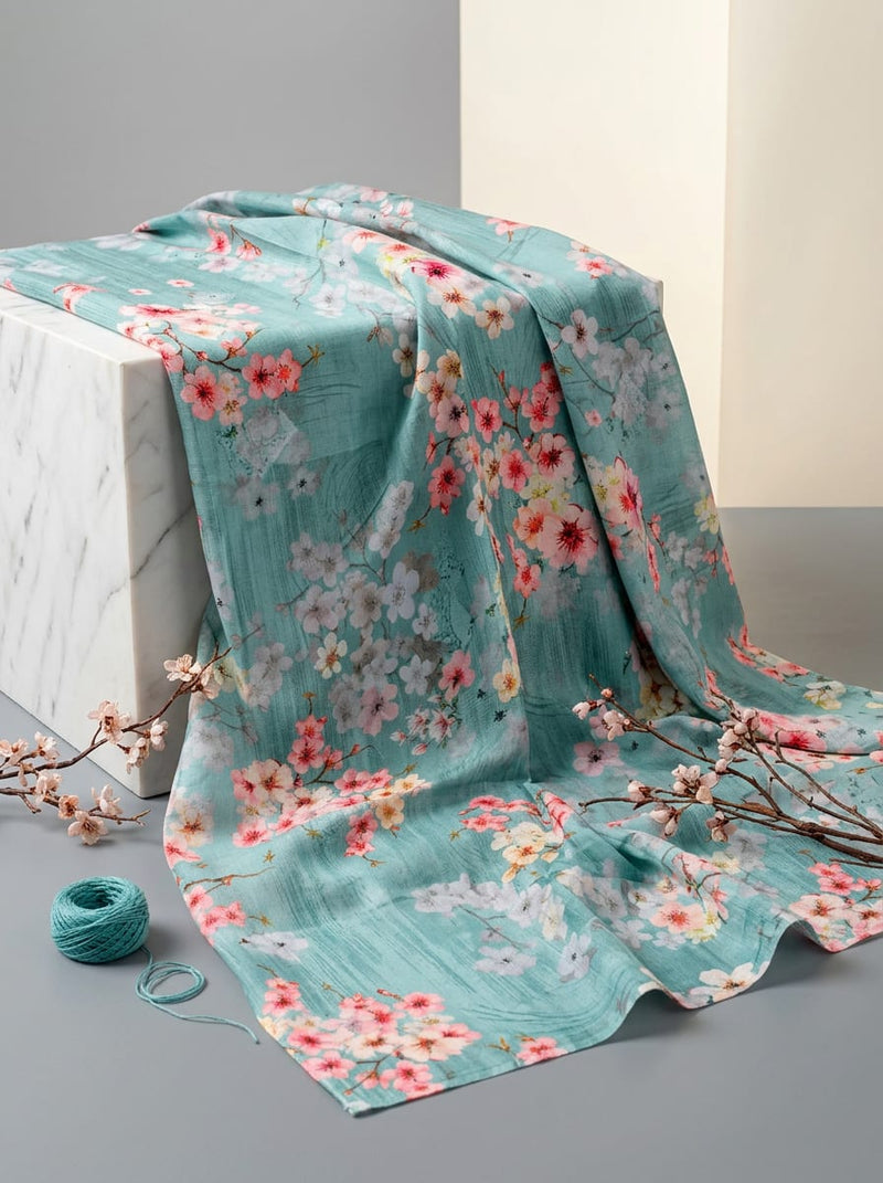 Teal and Pink Sakura Blossom Floral Pure Cotton Digital Printed Fabric
