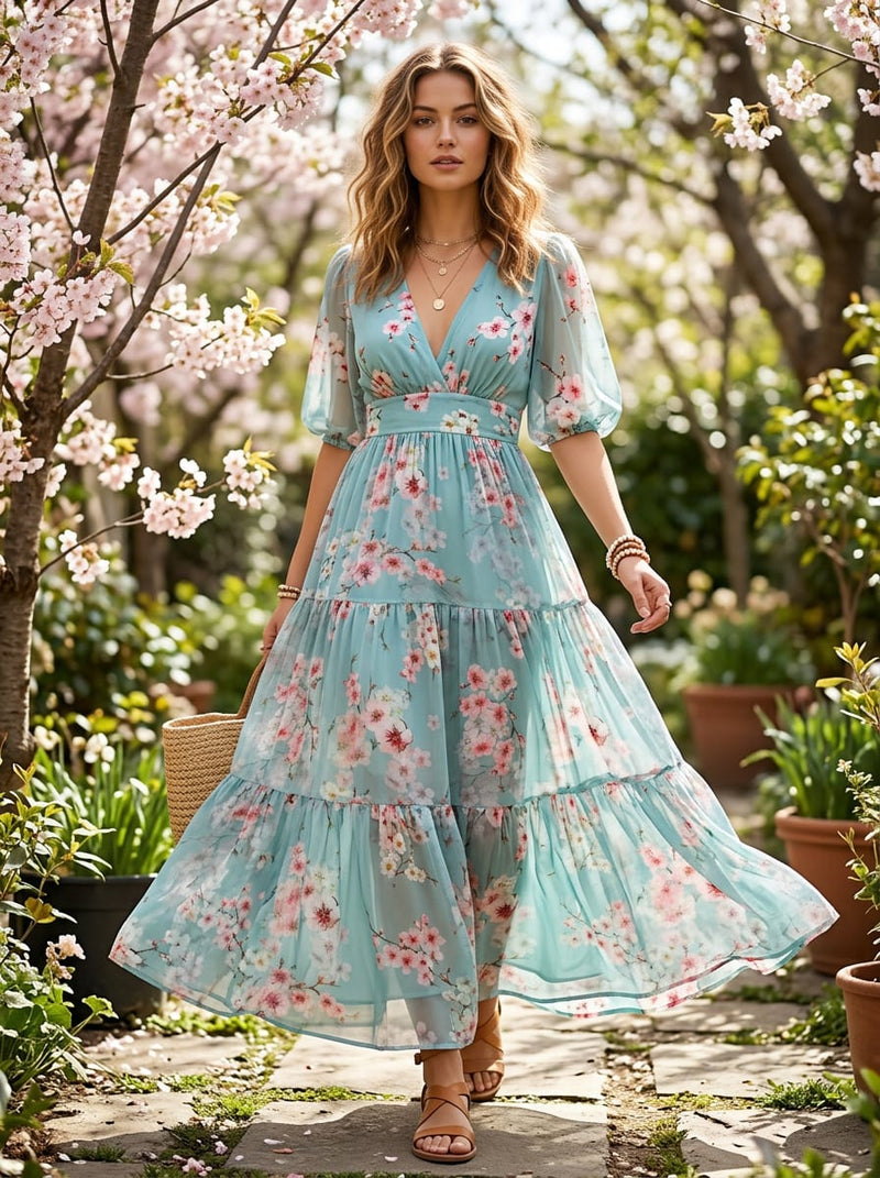 Teal Japanese Cherry Blossom Floral Pure Georgette Digital Printed Fabric