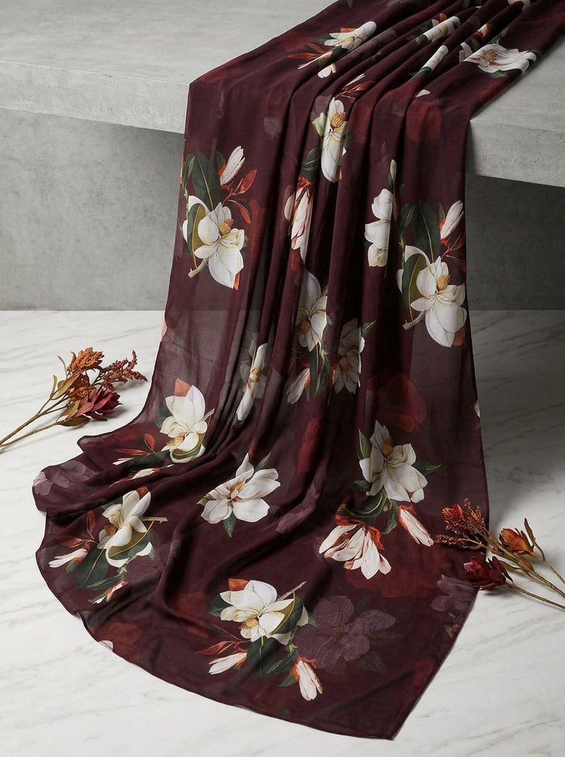 Maroon Large Magnolia Floral Pure Georgette Digital Printed Fabric