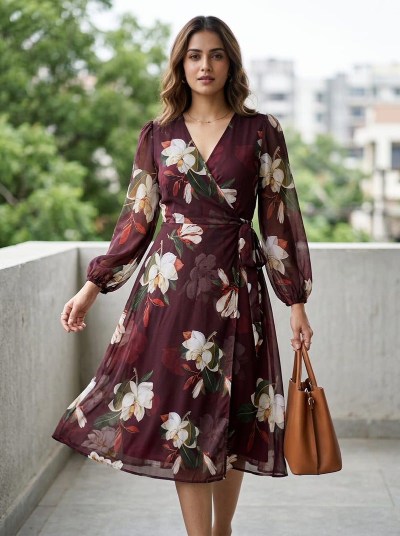 Maroon Large Magnolia Floral Pure Georgette Digital Printed Fabric