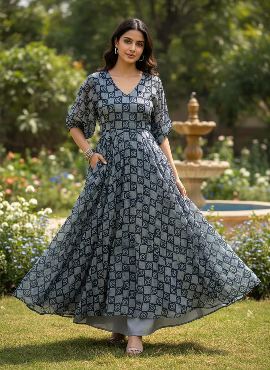 Classic Round With Checks Digital Printed Fabric - Pure Georgette