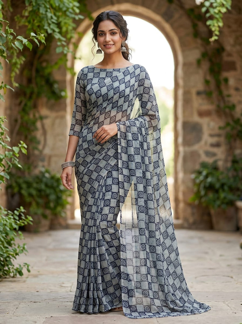 Grey Ethnic Spiral Checkered Pattern Pure Georgette Digital Printed Fabric