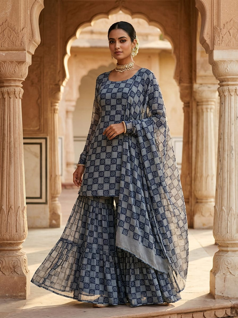 Grey Ethnic Spiral Checkered Pattern Pure Georgette Digital Printed Fabric