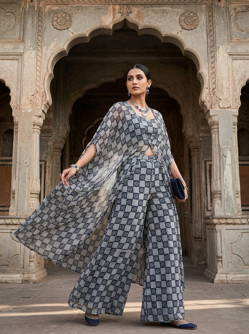 Grey Ethnic Spiral Checkered Pattern Pure Georgette Digital Printed Fabric