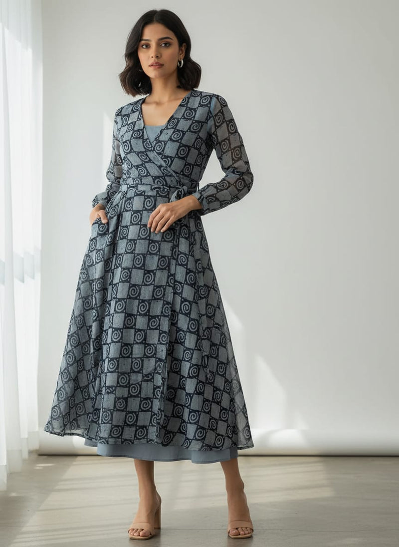 Classic Round With Checks Digital Printed Fabric - Pure Georgette